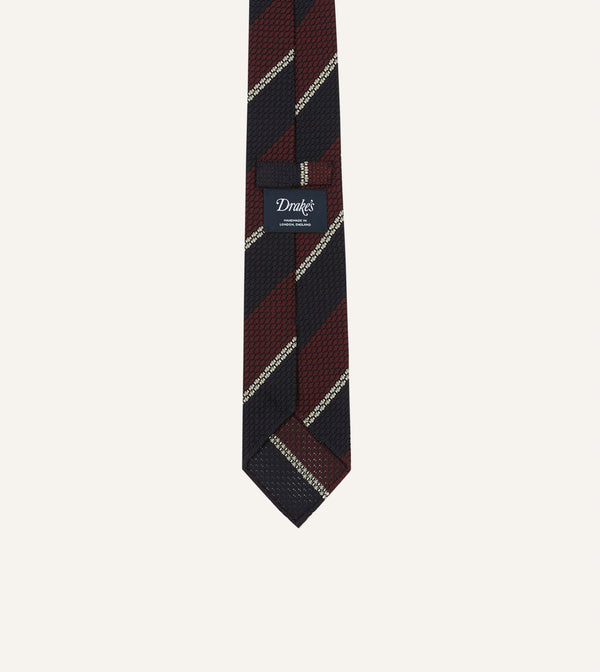 Drake's Navy Red And White Multi Stripe Hand Rolled Silk Grenadine Tie