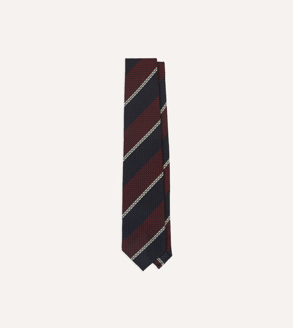drake's Navy Red and White Multi Stripe Hand Rolled Silk Grenadine Tie