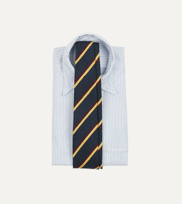Drake's Navy Red And Yellow Stripe Shantung Silk Tie