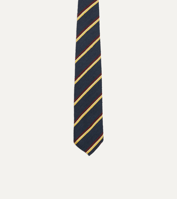 Drake's Navy Red And Yellow Stripe Shantung Silk Tie