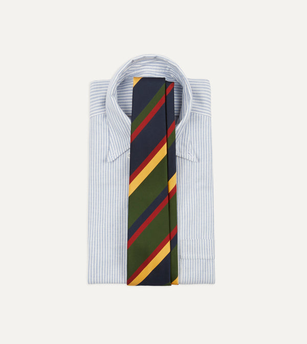 Drake's Navy Red Green And Yellow Stripe Silk Hand Rolled Tie