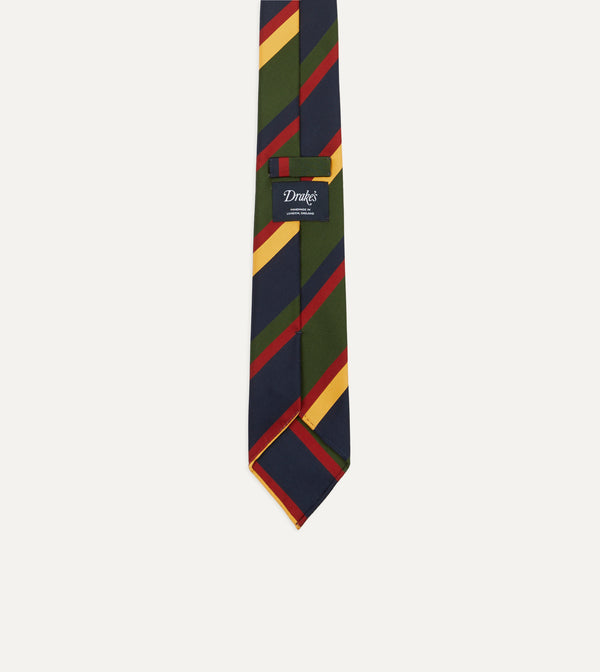 Drake's Navy Red Green And Yellow Stripe Silk Hand Rolled Tie