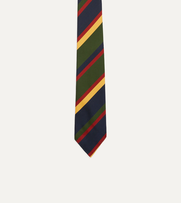 Drake's Navy Red Green And Yellow Stripe Silk Hand Rolled Tie