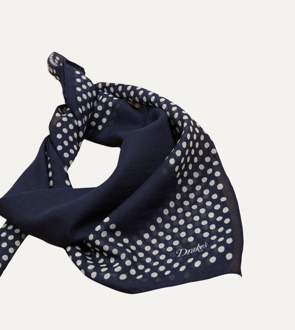 Drake's Navy Spots Border Print Silk-Cotton Bandana