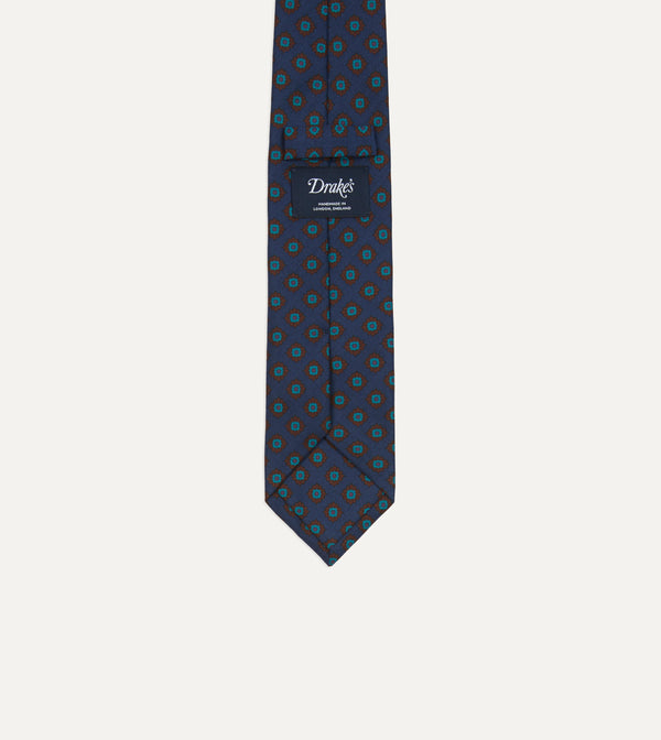 Drake's Navy Square Flower Medallion Print Silk Self Tipped Tie