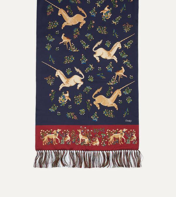 Drake's Navy Unicorn Print Tubular Silk Tasselled Scarf