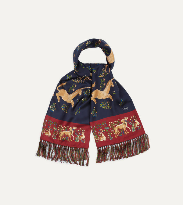 Drake's Navy Unicorn Print Tubular Silk Tasselled Scarf