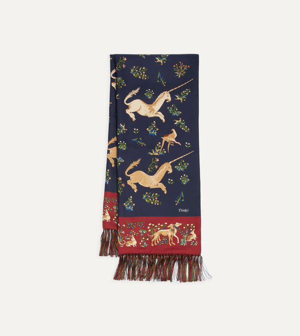 drake's Navy Unicorn Print Tubular Silk Tasselled Scarf