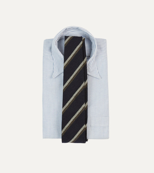 Drake's Navy White And Brown Double Stripe Tipped Wool Tie