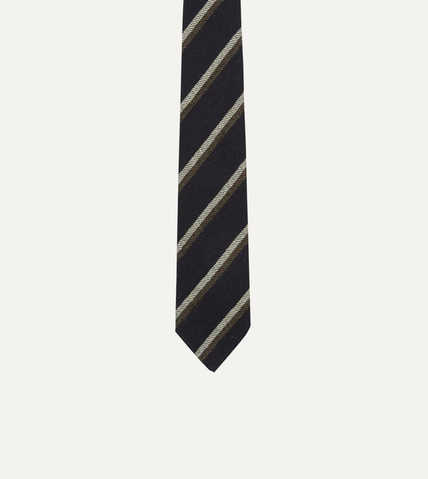 Drake's Navy White And Brown Double Stripe Tipped Wool Tie
