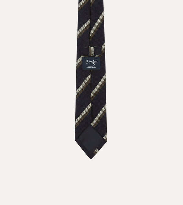 Drake's Navy White And Brown Double Stripe Tipped Wool Tie