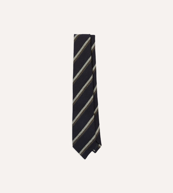 drake's Navy White and Brown Double Stripe Tipped Wool Tie