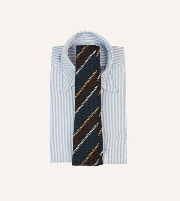 Drake's Navy White And Brown Stripe Hand Rolled Silk Grenadine Tie
