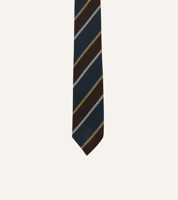 Drake's Navy White And Brown Stripe Hand Rolled Silk Grenadine Tie