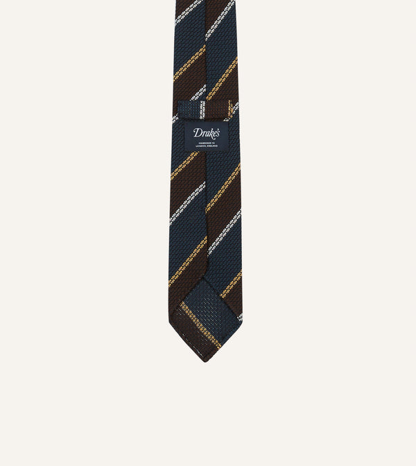 Drake's Navy White And Brown Stripe Hand Rolled Silk Grenadine Tie