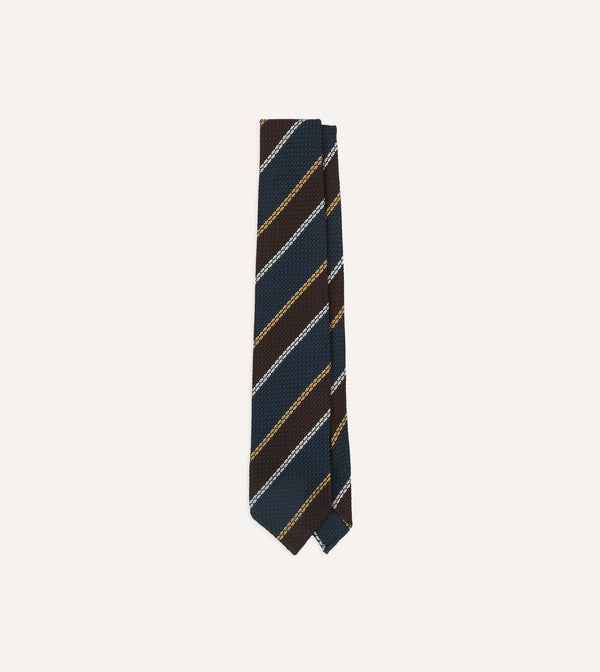 drake's Navy White and Brown Stripe Hand Rolled Silk Grenadine Tie