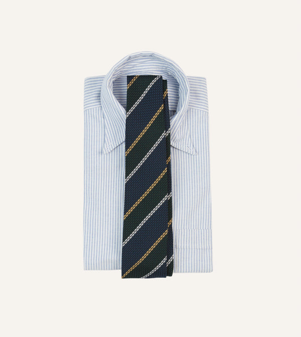 Drake's Navy White And Green Stripe Hand Rolled Silk Grenadine Tie