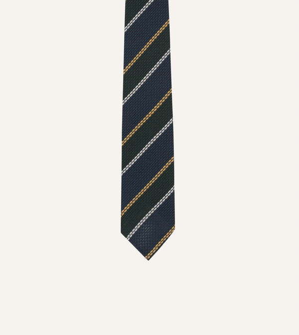 Drake's Navy White And Green Stripe Hand Rolled Silk Grenadine Tie