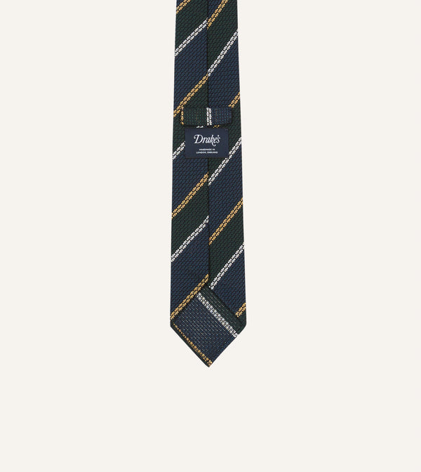 Drake's Navy White And Green Stripe Hand Rolled Silk Grenadine Tie