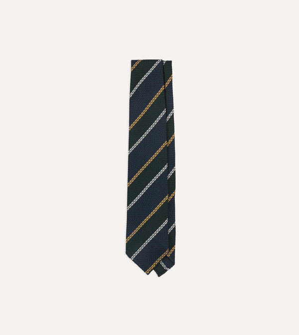 drake's Navy White and Green Stripe Hand Rolled Silk Grenadine Tie