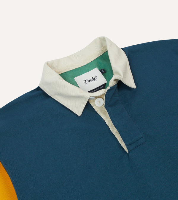 Drake's Navy Yellow Red And Green Colourblock Cotton Rugby Shirt