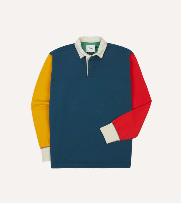 drake's Navy Yellow Red and Green Colourblock Cotton Rugby Shirt