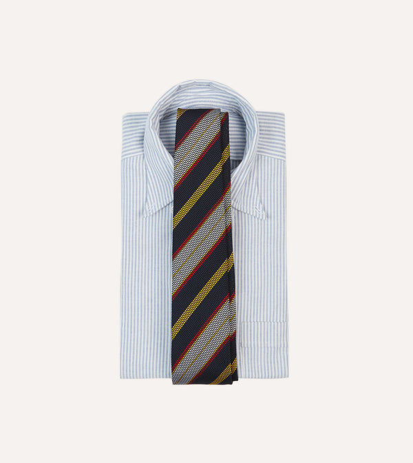 Drake's Navy Yellow Red And White Multi Stripe Tipped Silk Grenadine Tie