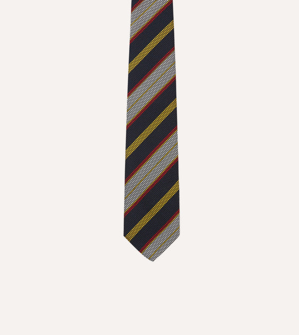 Drake's Navy Yellow Red And White Multi Stripe Tipped Silk Grenadine Tie