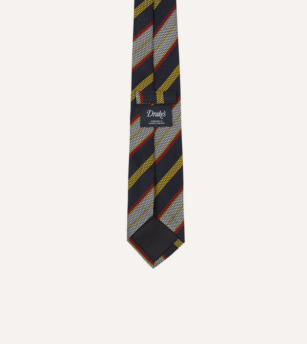 Drake's Navy Yellow Red And White Multi Stripe Tipped Silk Grenadine Tie