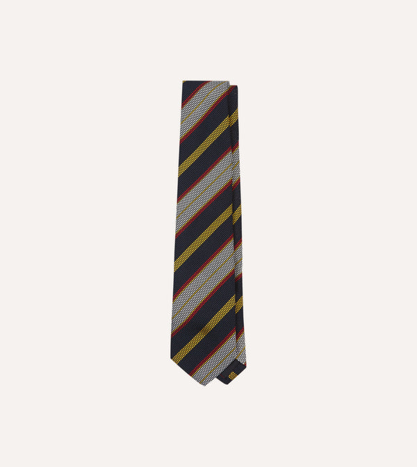 drake's Navy Yellow Red and White Multi Stripe Tipped Silk Grenadine Tie