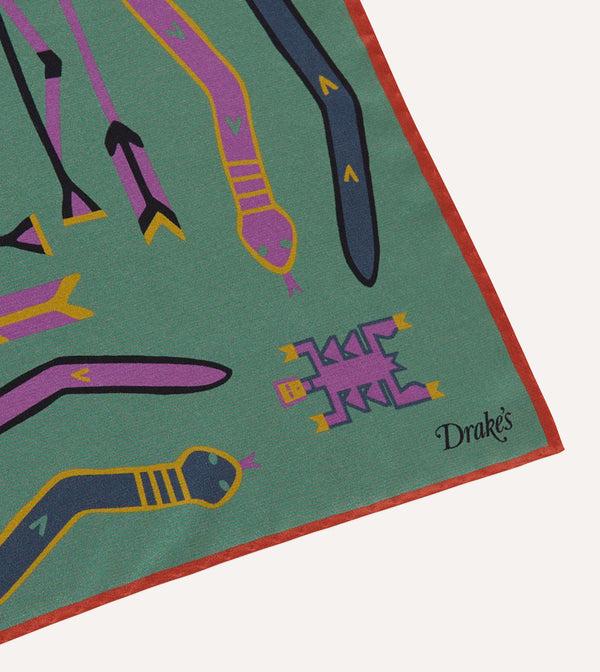 Drake's Olive And Rust Tribal Print Silk Pocket Square