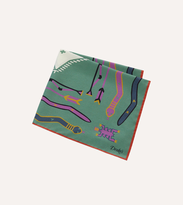 Drake's Olive And Rust Tribal Print Silk Pocket Square
