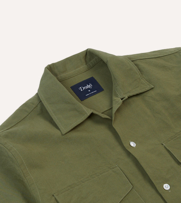 Drake's Olive Cotton-Linen Camp Collar Three Pocket Short Sleeve Shirt