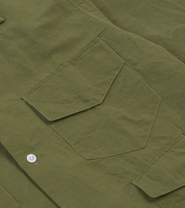 Drake's Olive Cotton-Linen Camp Collar Three Pocket Short Sleeve Shirt