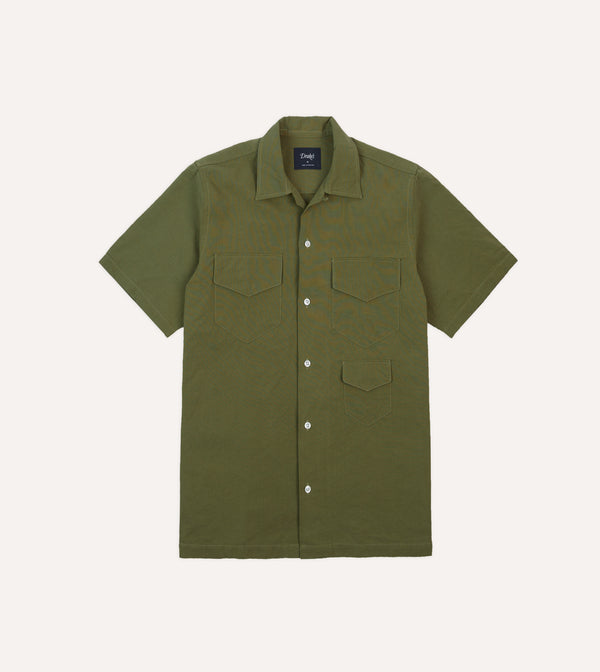 drake's Olive Cotton-Linen Camp Collar Three Pocket Short Sleeve Shirt