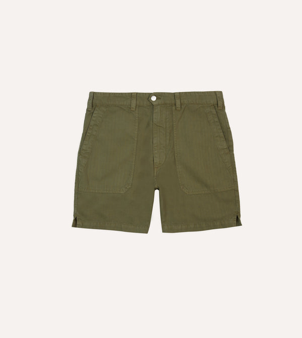 drake's Olive Cotton-Linen Herringbone Fatigue Shorts