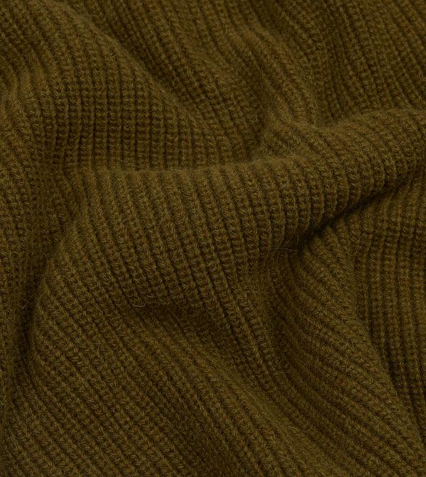 Drake's Olive Green Alpaca Lambswool Ribbed Integral Collar Jumper