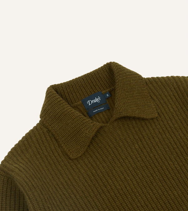 Drake's Olive Green Alpaca Lambswool Ribbed Integral Collar Jumper