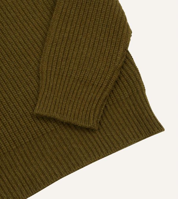 Drake's Olive Green Alpaca Lambswool Ribbed Integral Collar Jumper