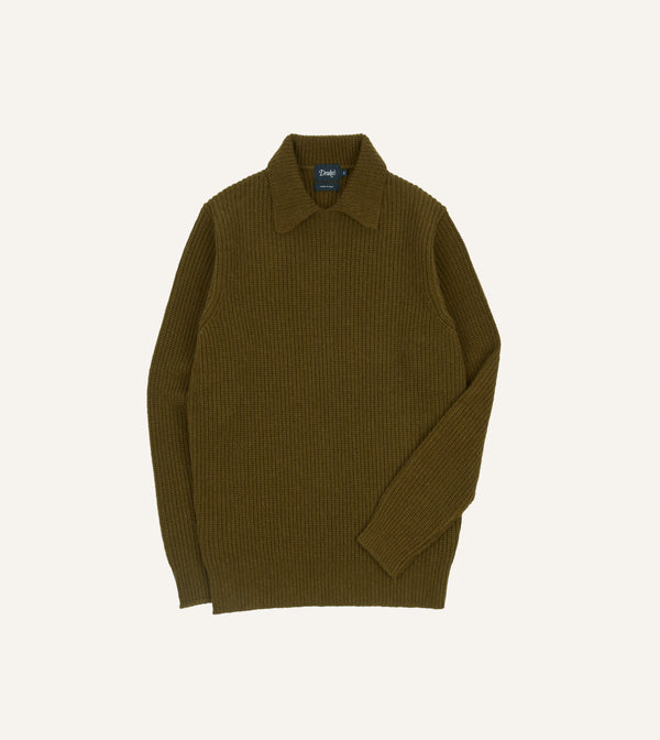 drake's Olive Green Alpaca Lambswool Ribbed Integral Collar Jumper