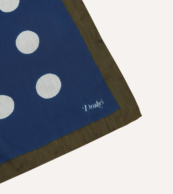 Drake's Olive Navy And Ecru Large Spots Print Cotton-Silk Pocket Square