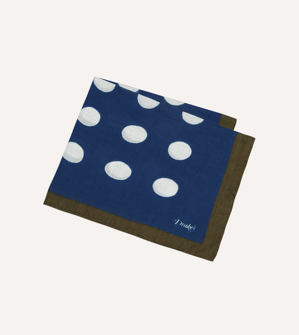 Drake's Olive Navy And Ecru Large Spots Print Cotton-Silk Pocket Square