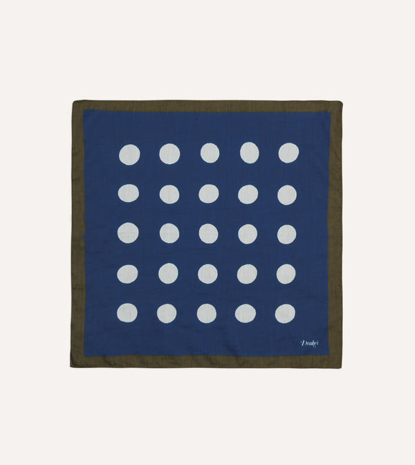 drake's Olive Navy and Ecru Large Spots Print Cotton-Silk Pocket Square