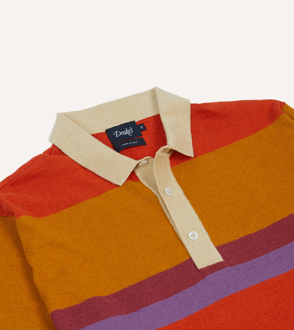 Drake's Orange Brown And Purple Linen Cotton Knitted Rugby Shirt