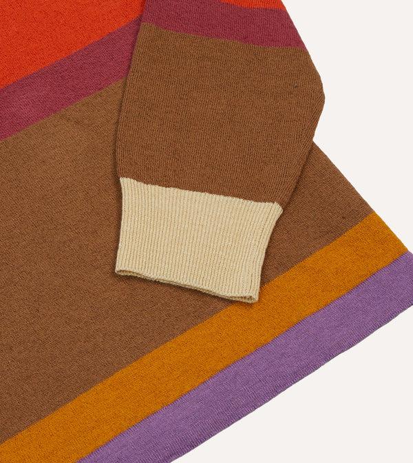 Drake's Orange Brown And Purple Linen Cotton Knitted Rugby Shirt