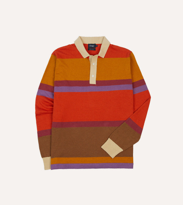 drake's Orange Brown and Purple Linen Cotton Knitted Rugby Shirt