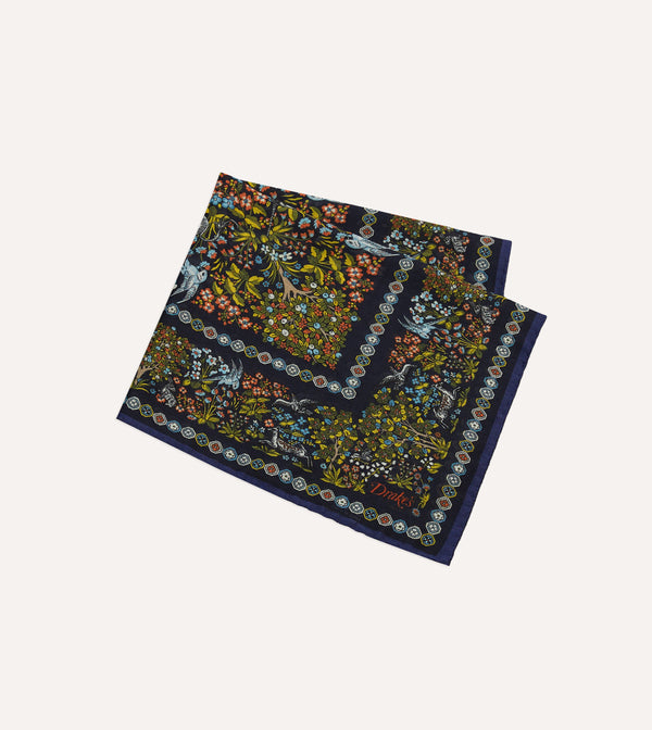 Drake's Orange Floral Unicorn Print Wool-Silk Pocket Square