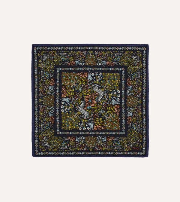 drake's Orange Floral Unicorn Print Wool-Silk Pocket Square