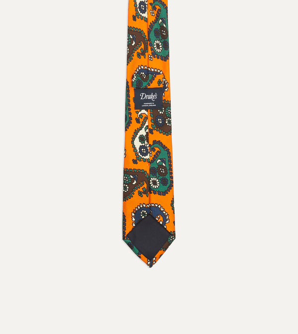 Drake's Orange Geometric Paisley Print Twill Silk Tie