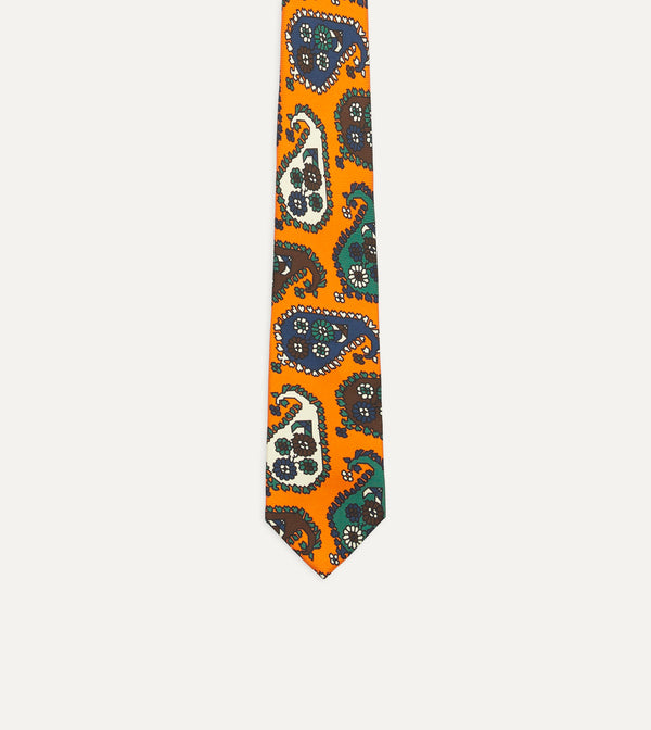 Drake's Orange Geometric Paisley Print Twill Silk Tie